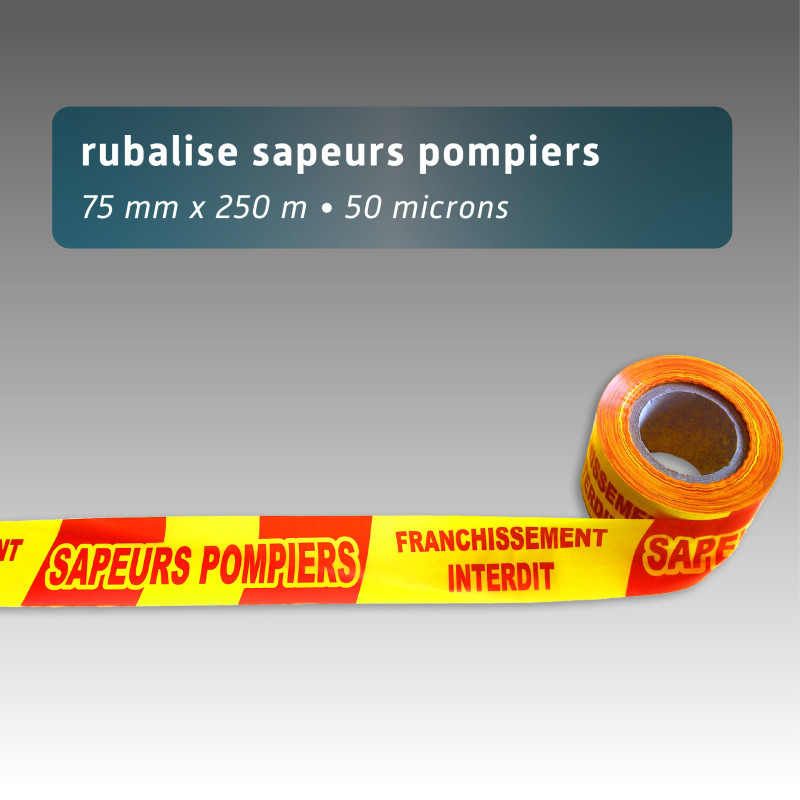 Rubalise jaune/rouge "Sapeurs Pompiers - Franchissement interdit"75mm*250m Rubalise jaune/rouge "Sapeurs Pompiers - Franchissement interdit"75mm*250m