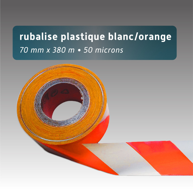 Rubalise plastique recyclée 70mm*380m - Blanc/orange