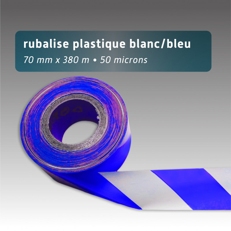 Rubalise plastique recyclée chantier 70mm*380m blanc/bleu