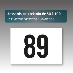 Dossards A5 numérotés de 50 à 100 sans personnalisation | Impression noire