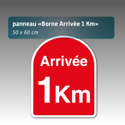 Panneau borne kilométrique Arrivée 1 km Aquilux 50 x 60 cm – Signalétique course & événement sportif